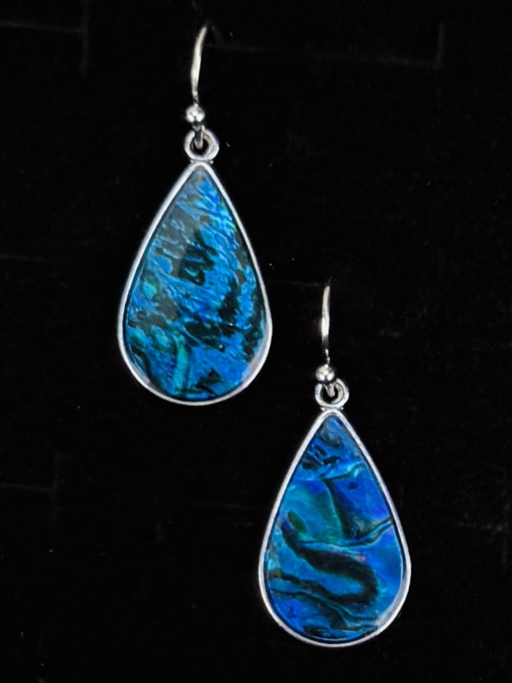 Blue Teardrop Pierced Dangle Earrings Silver Tone
